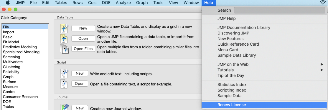 JMP help menu and renew license option