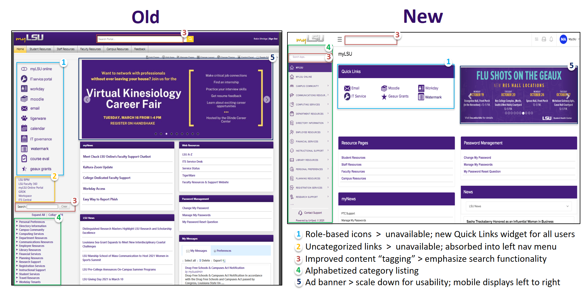 myLSU Portal old and new design comparison