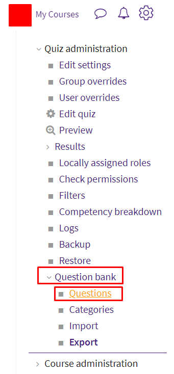 question bank link in the admin menu