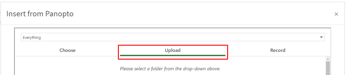 Upload tab for Panopto to insert a video assignment