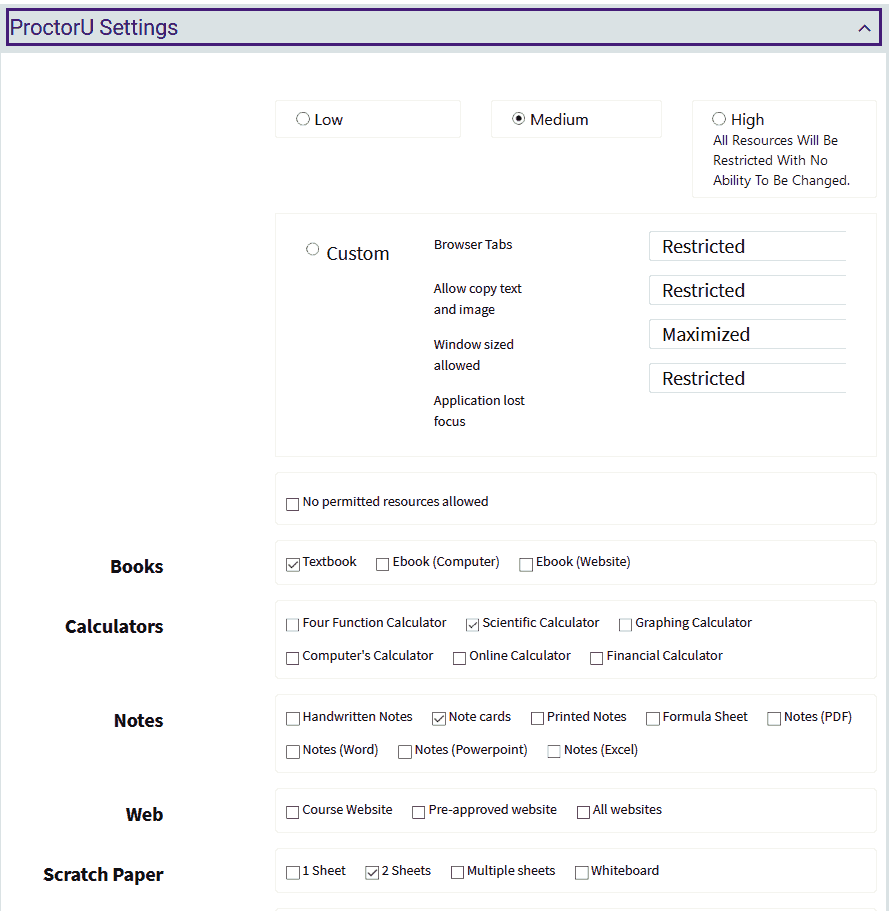 ProctorU Settings inside quiz settings