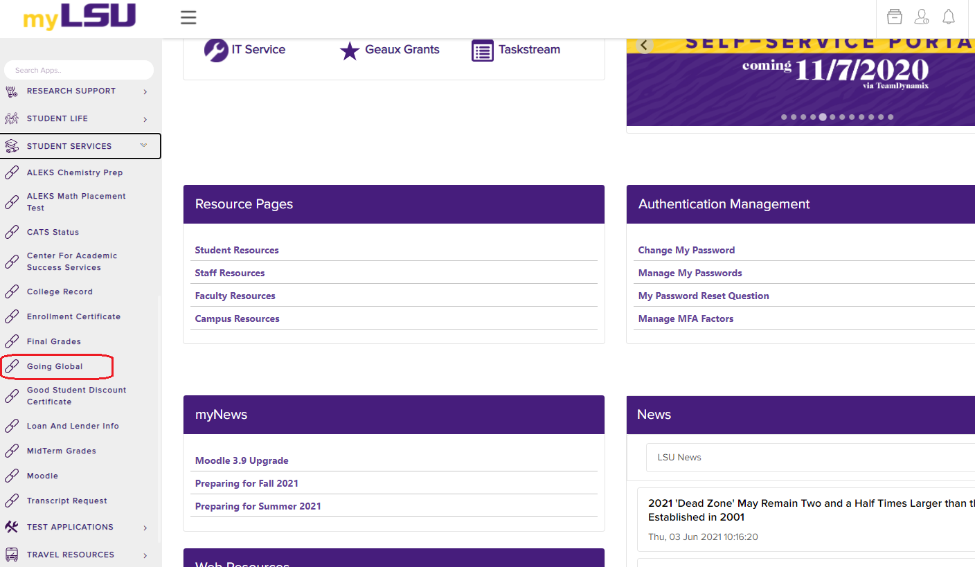 Going Global link under Student Services