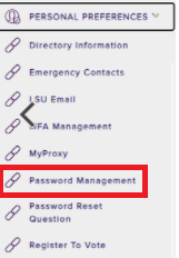 the myLSU Portal, Personal Preferences menu with Password Management selected.