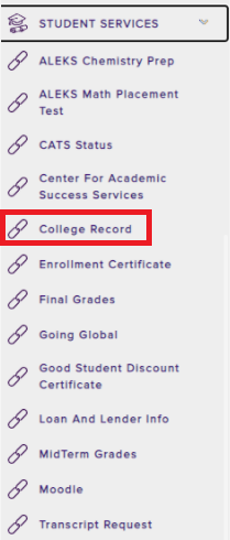 college record option from the left hand panel