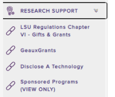 Research support dropdown menu
