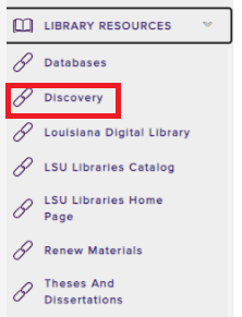 myLSU Discovery link on  the library resources drop-down menu