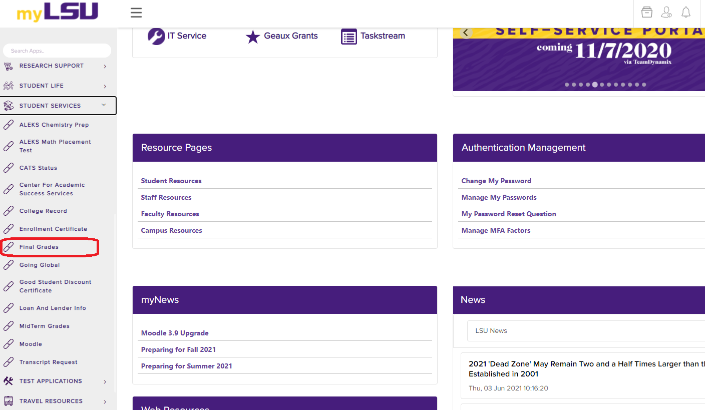 Final Grades link under Student Services