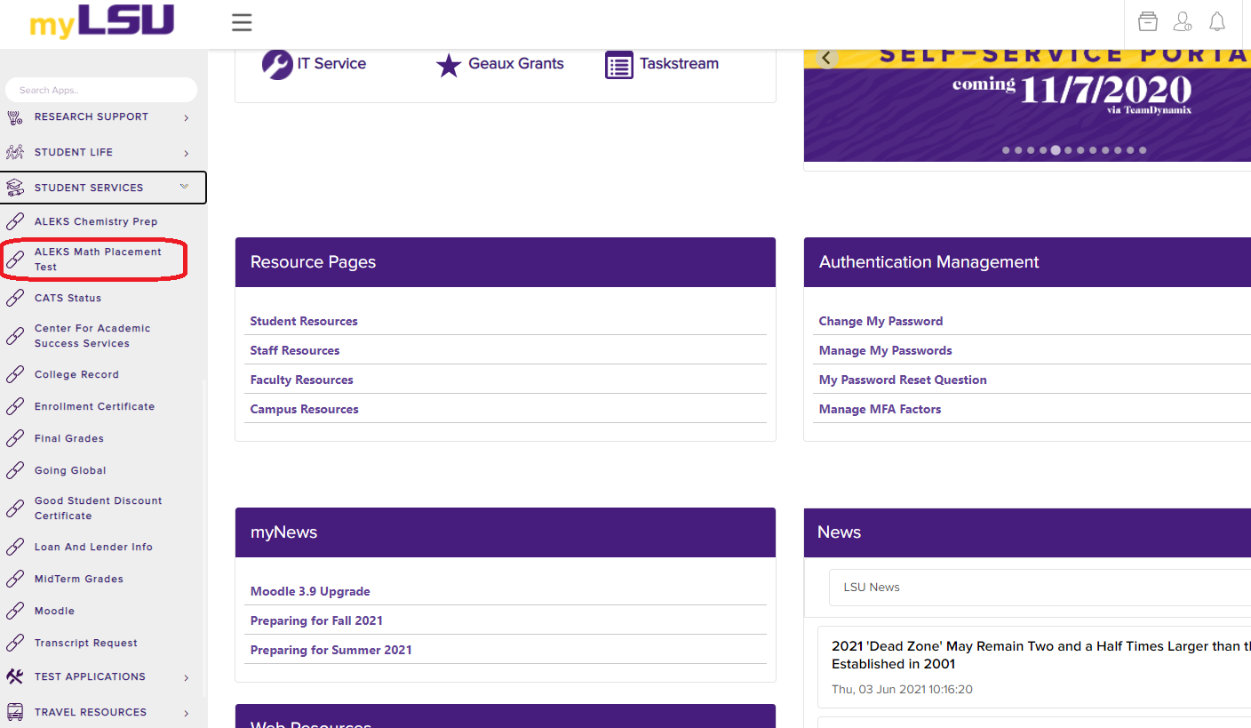 ALEKS Math Placement Test link under Student Services