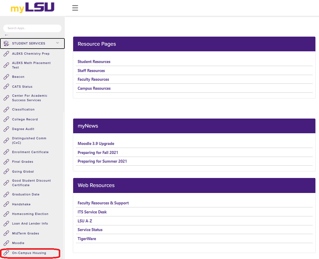 student services drop down menu indicating on campus housing