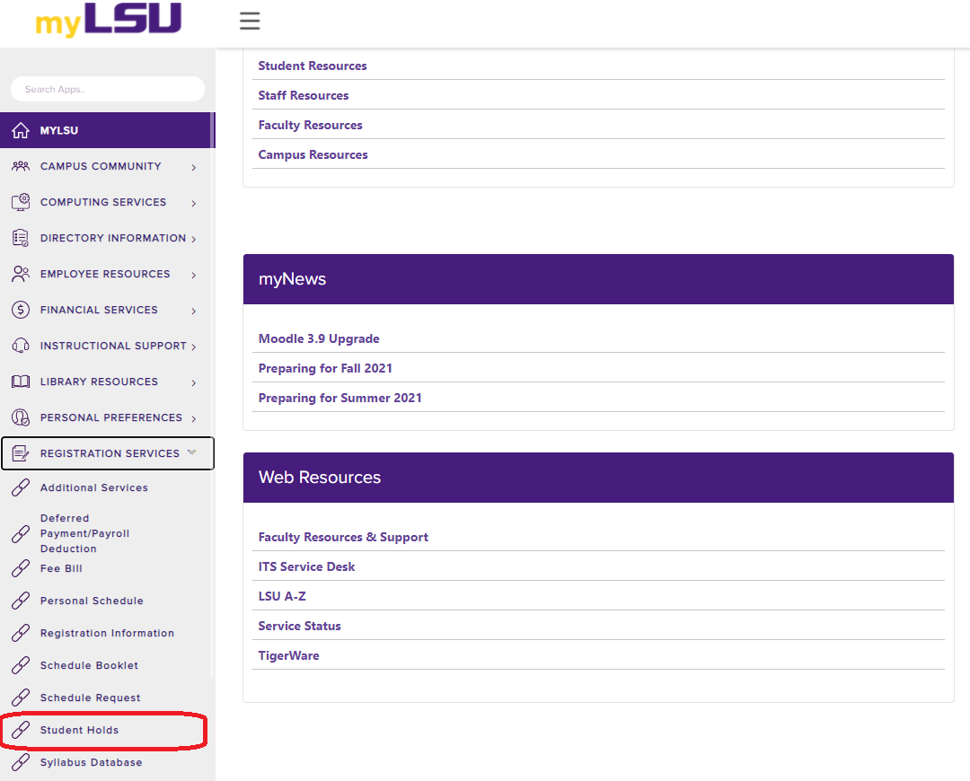 Student holds under the Registration Services drop down menu