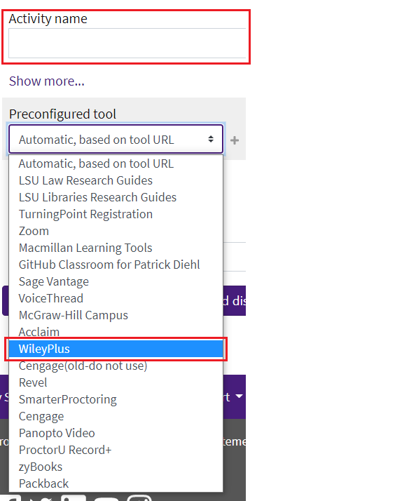 Preconfigured Tool list with WileyPlus chosen