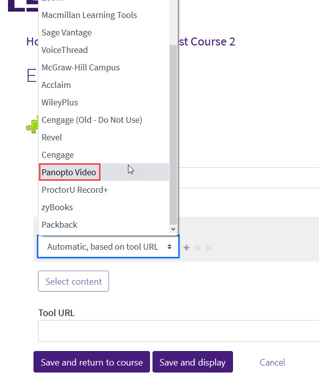 External tool with Panopto Video selected in dropdown