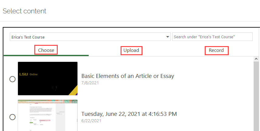 Panopto selection menu with Choose, Upload, Record options.