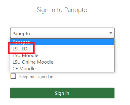 Panopto sign in drop down