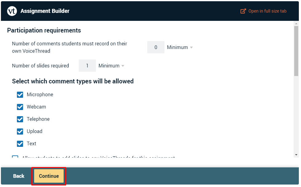 the participation requirements window with the continue button highlighted