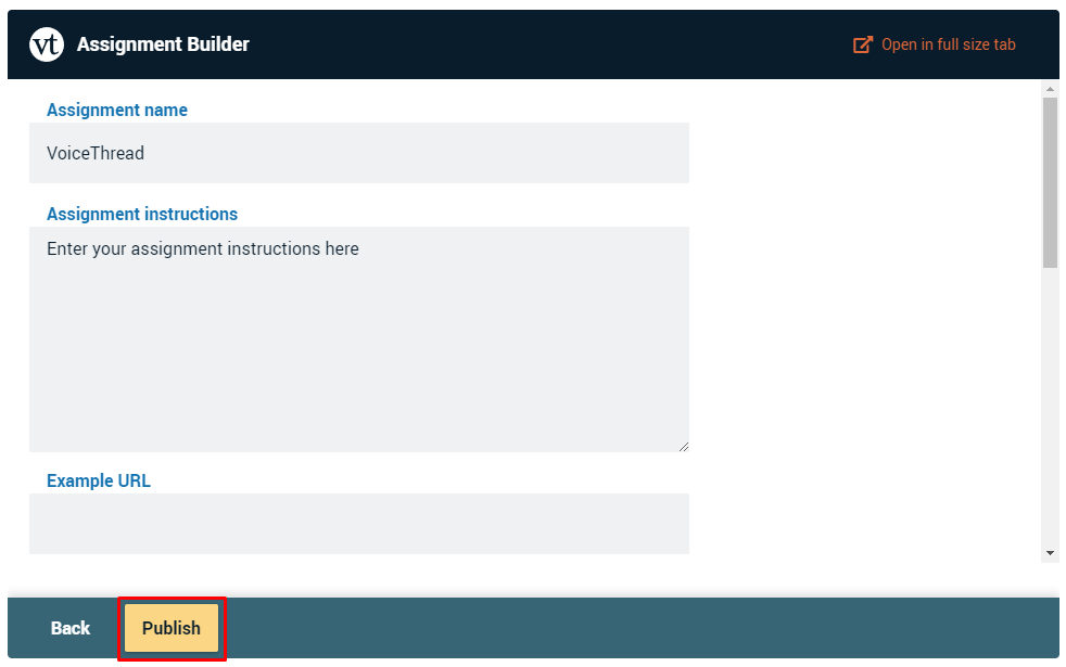 VoiceThread assignment description window with publish button highlighted