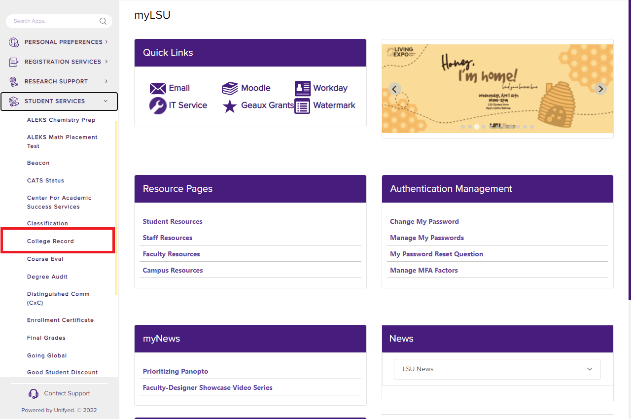 myLSU Portal home with College Record boxed under Student Services