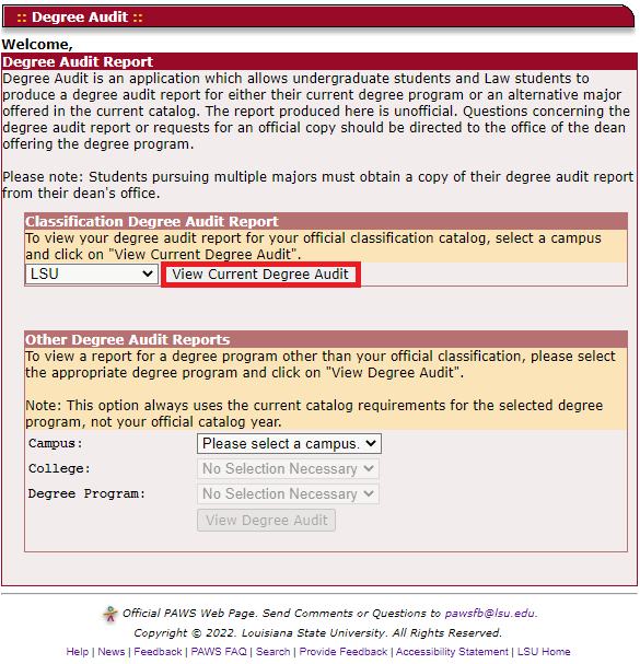 Degree audit selection page with current degree audit boxed