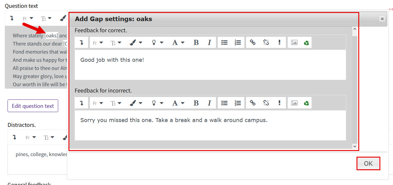 Example feedback for the gap word oaks