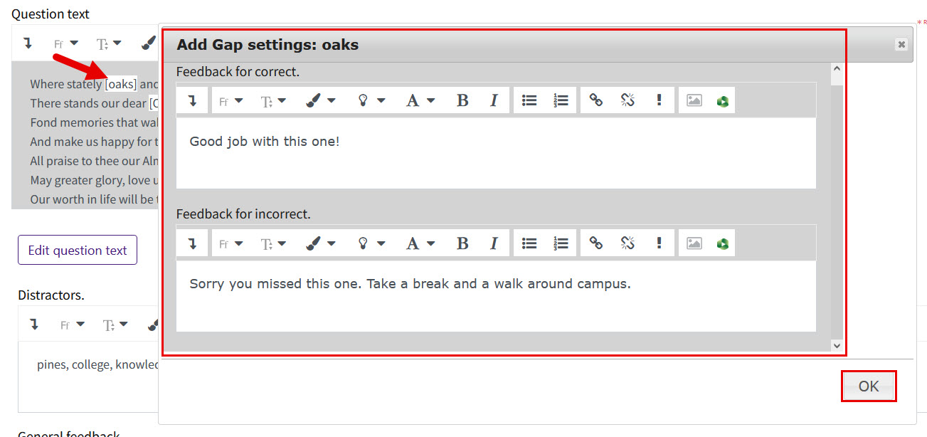 Example feedback for the gap word oaks