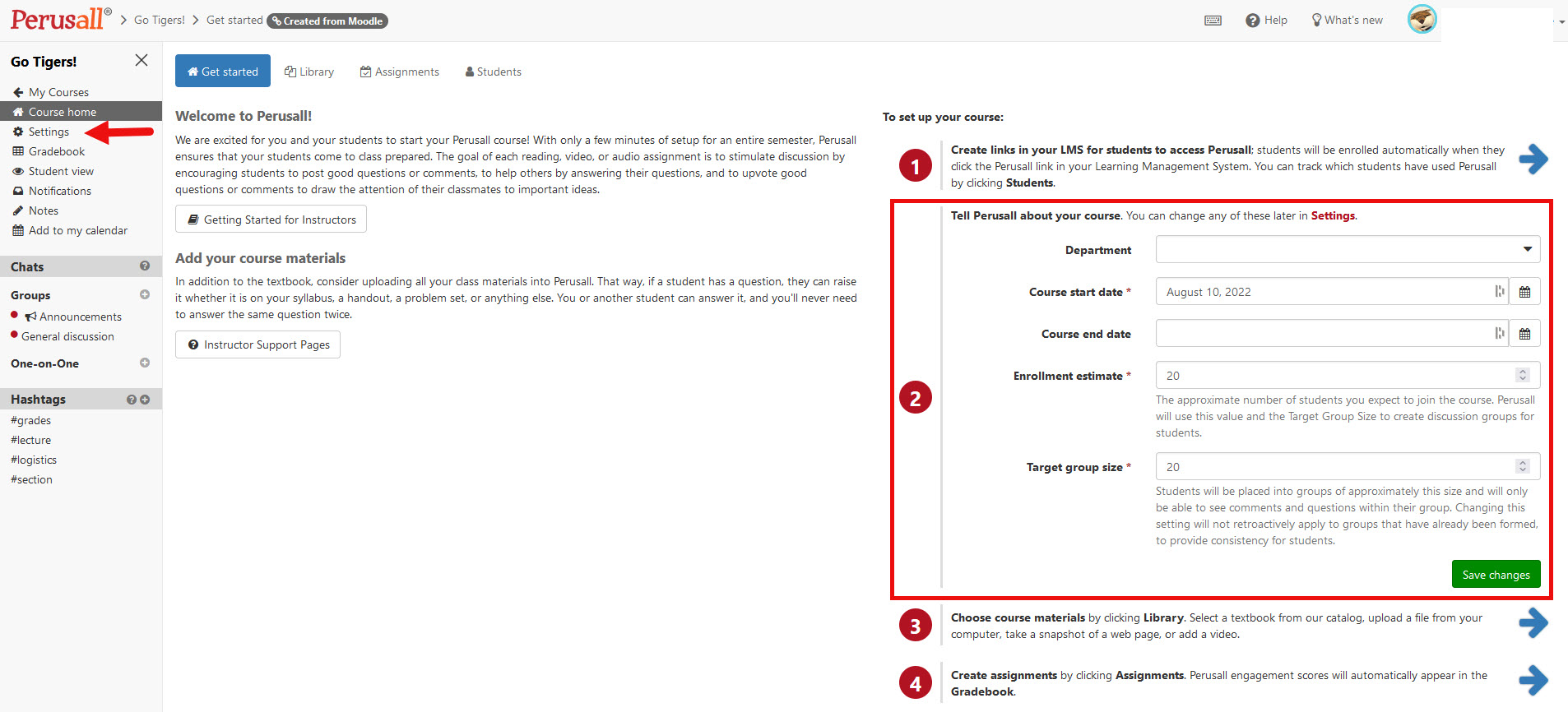 Perusall setup and settings in the Get started area