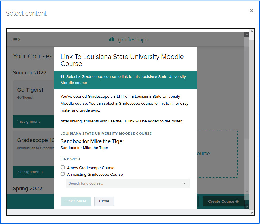 Select content options to connect to a new Gradescope coures or an existing one