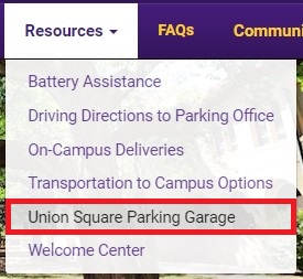 Union Square Parking garage dropdown under resources