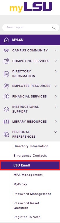 LSU Email selection under personal preferences dropdown myLSU