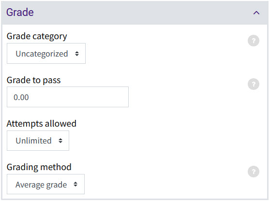 Grade activity setting options