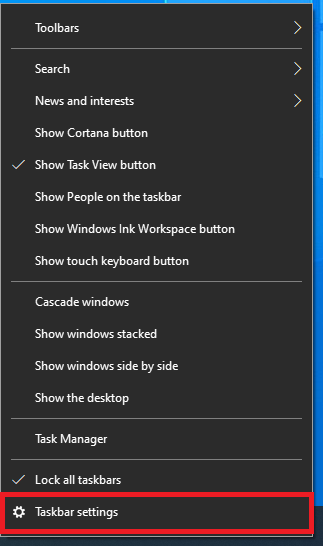 Taskbar settings option highlighted from taskbar