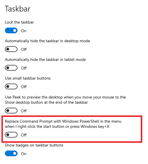 Option to replace command prompt with Windows PowerShell toggled off.