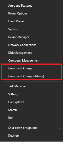 Windows menu with command prompt options selected