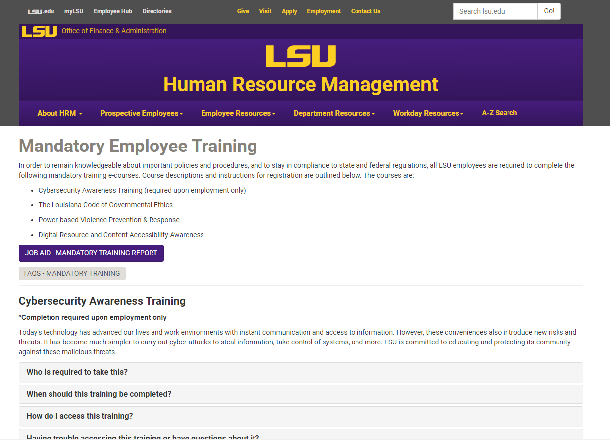 HRM Mandatory Employee Training home screen