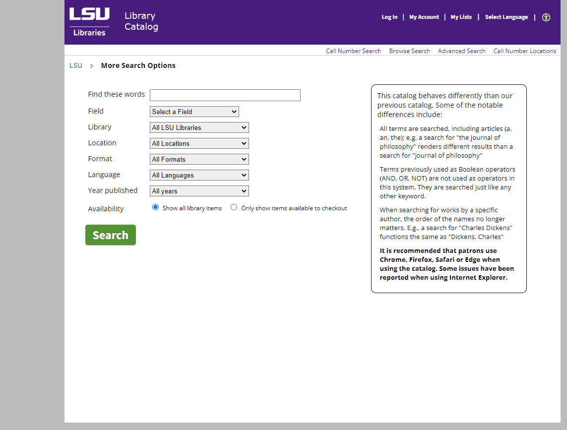 LSU Libraries online catalog page