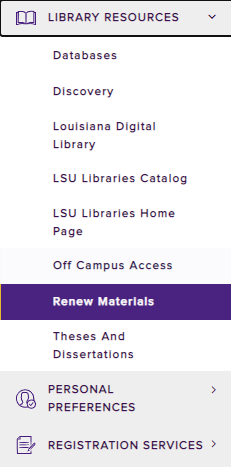 myLSU portal renew materials tab under library resources