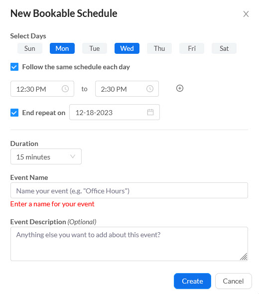 Zoom bookable schedule settings in Moodle.