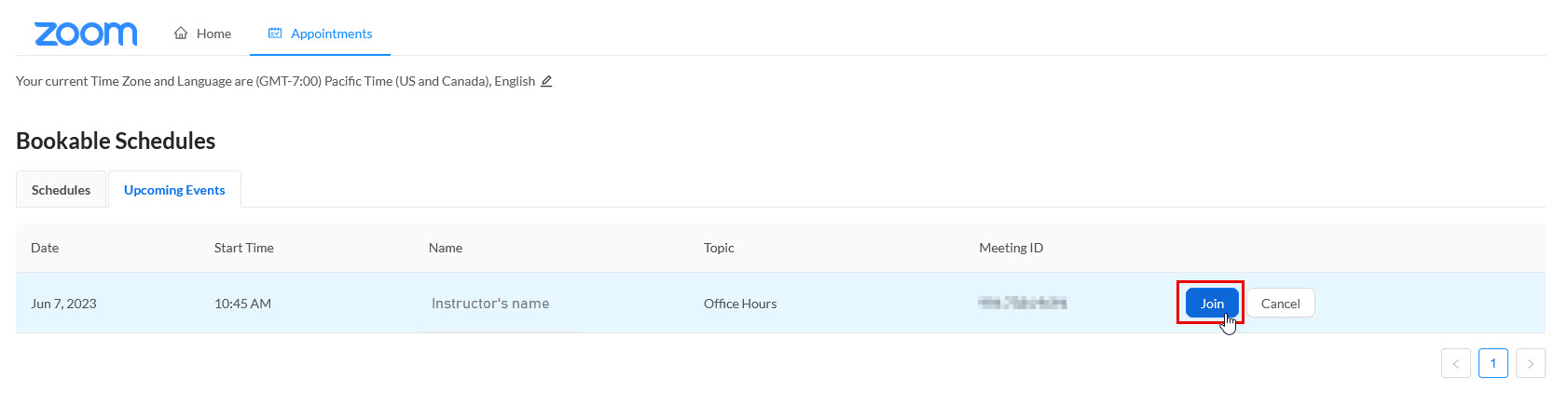 Join Zoom Appointment in Moodle from student view.