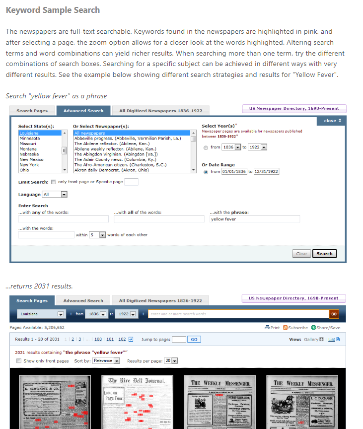 Keyword sample search helper guide on LSU Library DLNP tips