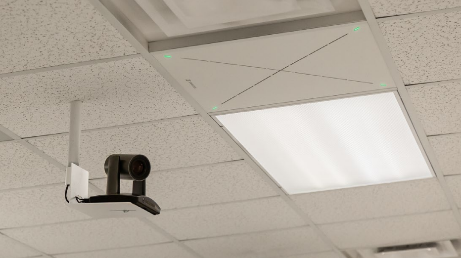 Auto-tracking camera above multimedia classroom