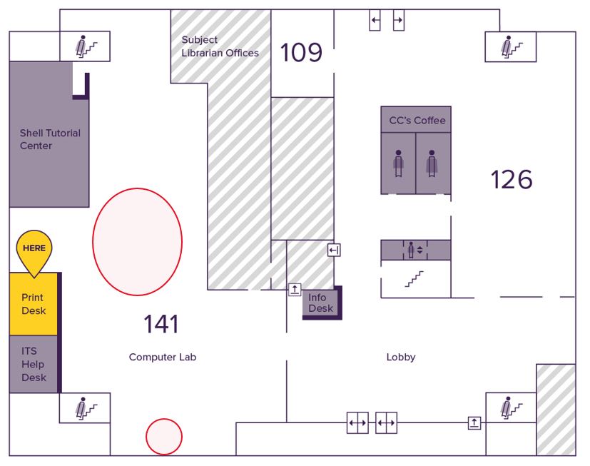 map of library showing Library 141 and Print Desk location