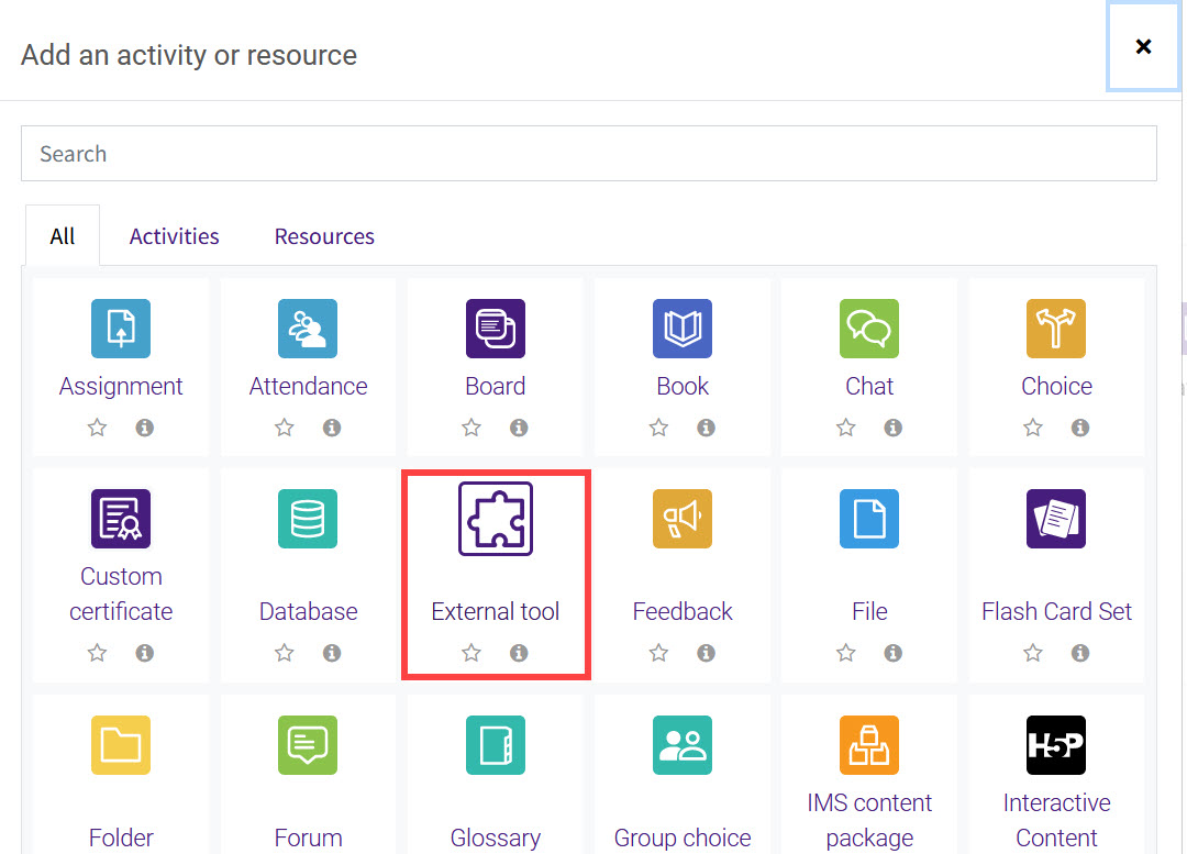 Selecting the External Tool from the activity chooser