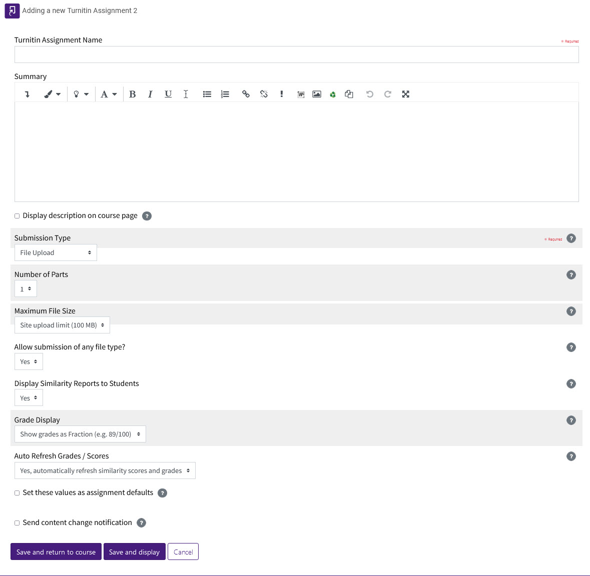 Turnitin Assignment settings screen left side