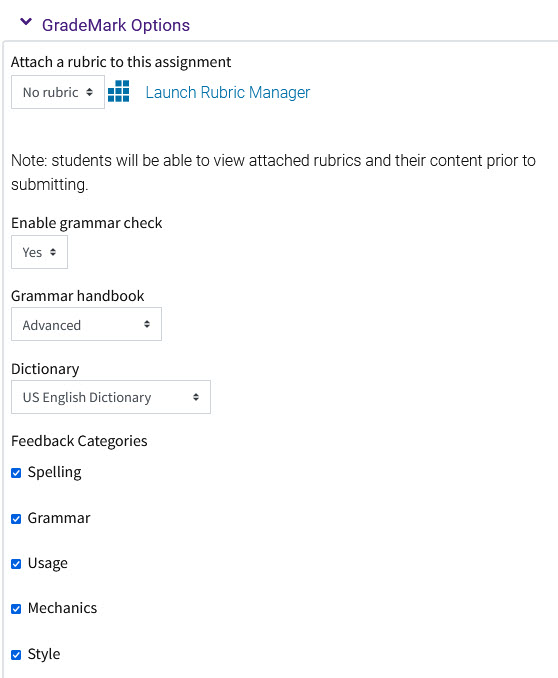 GradeMark options in the Turnitin Assignment settings
