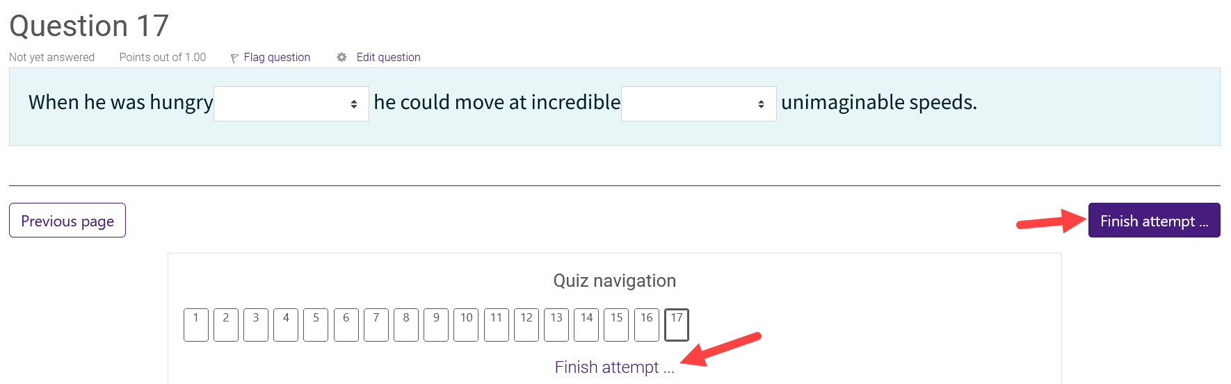 Quiz last page with "Finish attempt" indicated