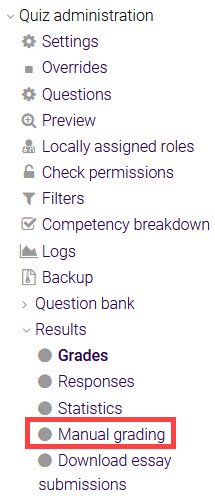 Quiz administration menu showing manual grading link