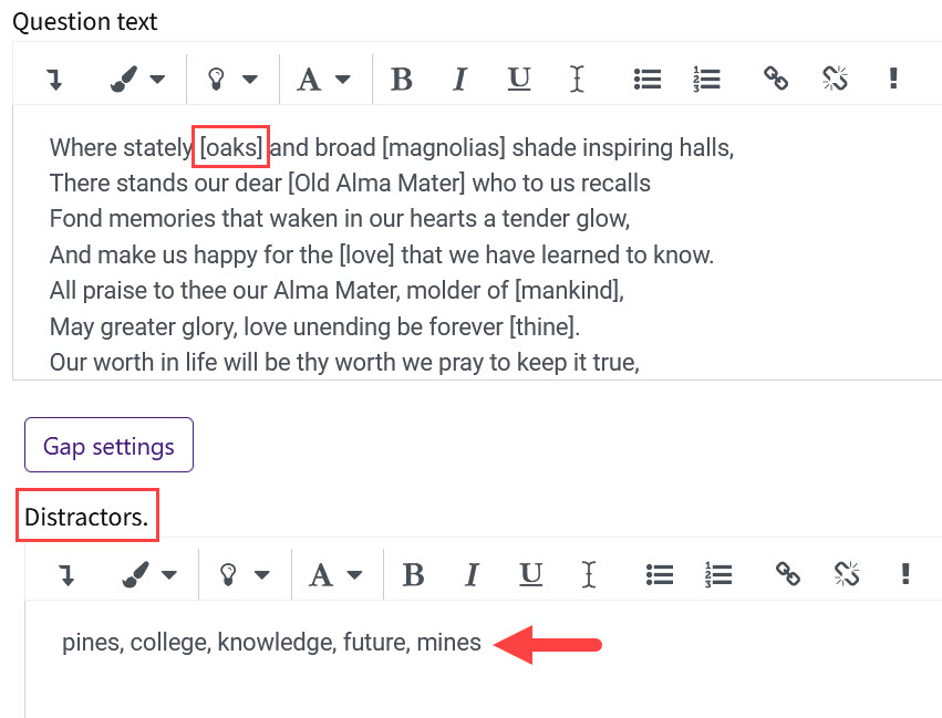 Example of Gapfill question type distractors in settings