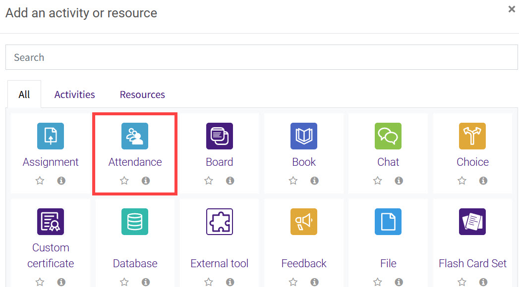 Activity chooser with Attendance highlighted