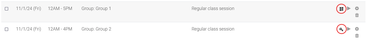 Attendance instructor view showing key icon, which indicates a password is required