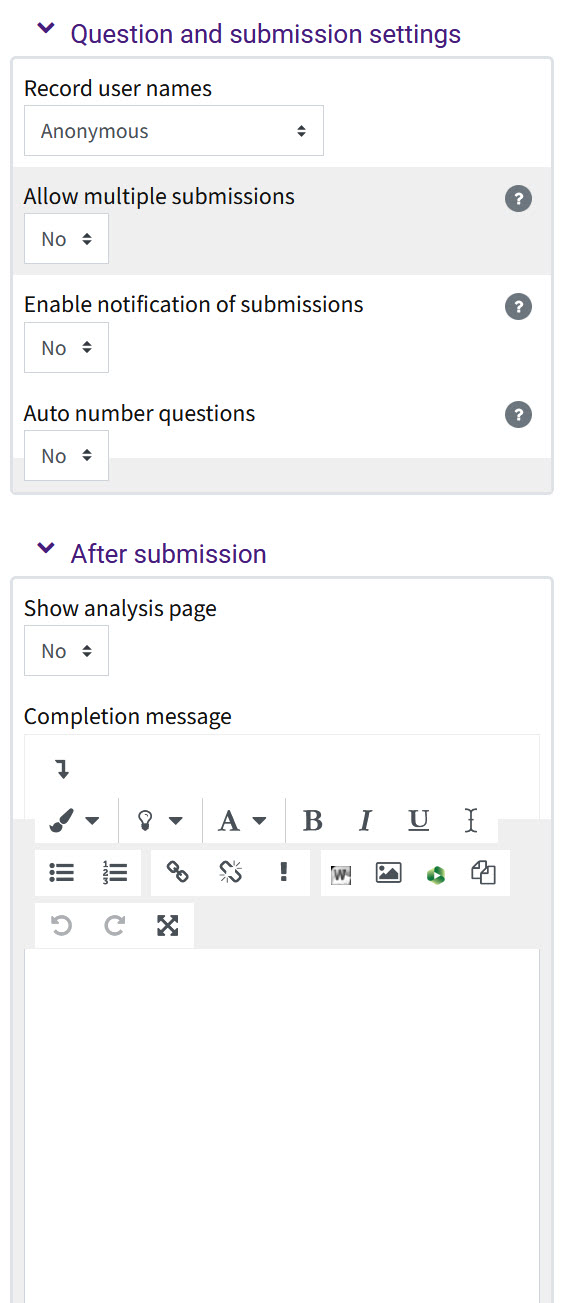 Question and submission settings in the Feedback activity