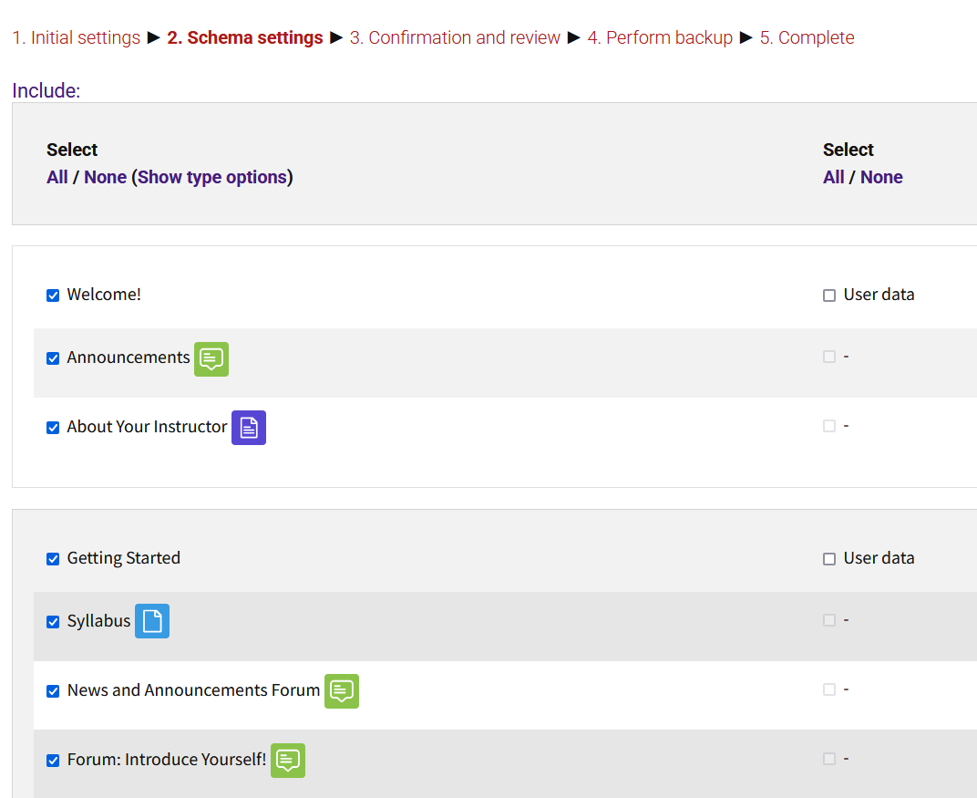Backup Schema settings with course components that can be unchecked to exclude